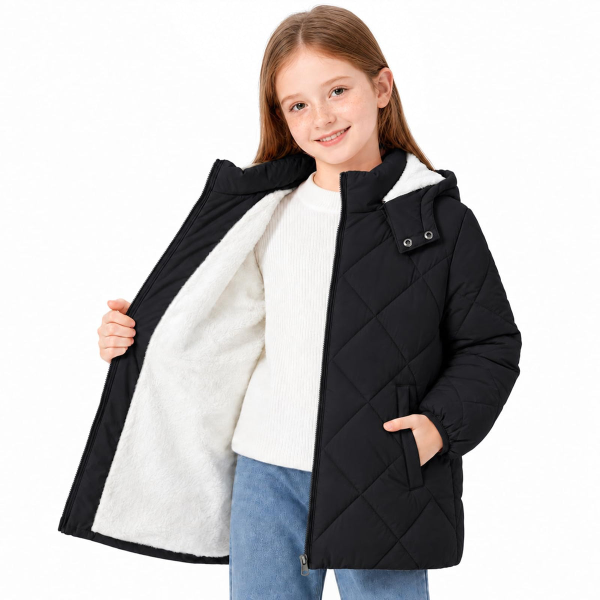 Lanbubble Girls Fleece Lined Hooded Puffer Jacket Winter Coat, Warm Outerwear with Pockets, Sizes 5-12 Years