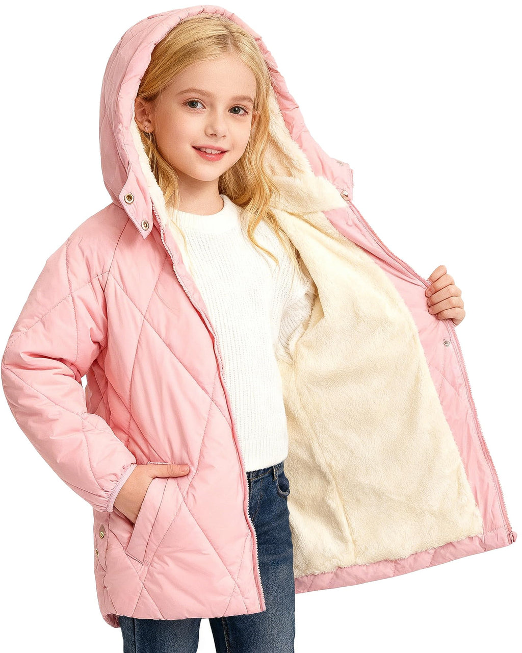 Lanbubble Girls Fleece Lined Hooded Puffer Jacket Winter Coat, Warm Outerwear with Pockets, Sizes 5-12 Years