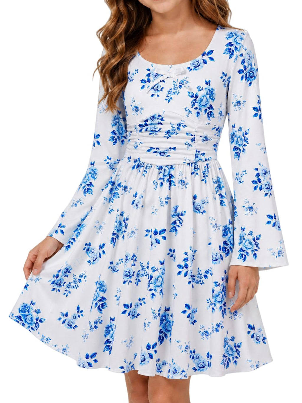 Lanbubble Girls Long Sleeve Dress Square Neck Bell Sleeve A-Line 7-14Y