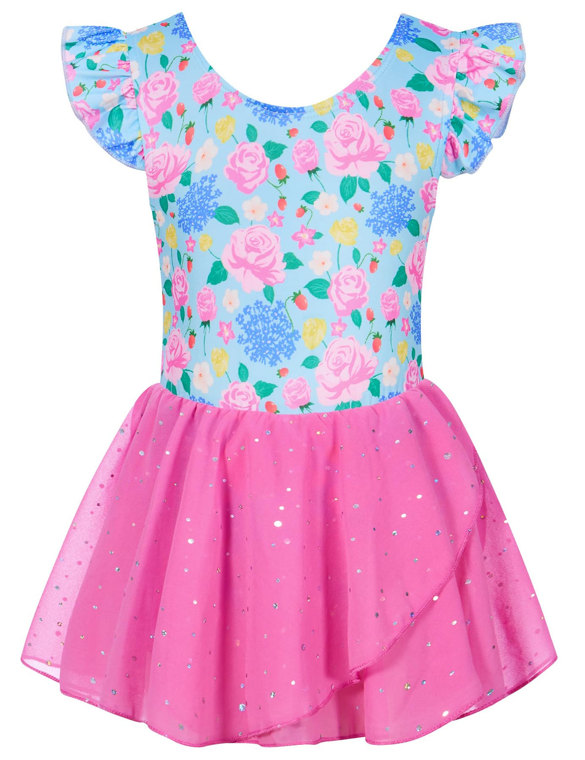 Lanbubble Toddler Ballet Leotards For Girls Dance Leotards With Shiny Tutu Skirt Ruffle Sleeve 3-7 Years