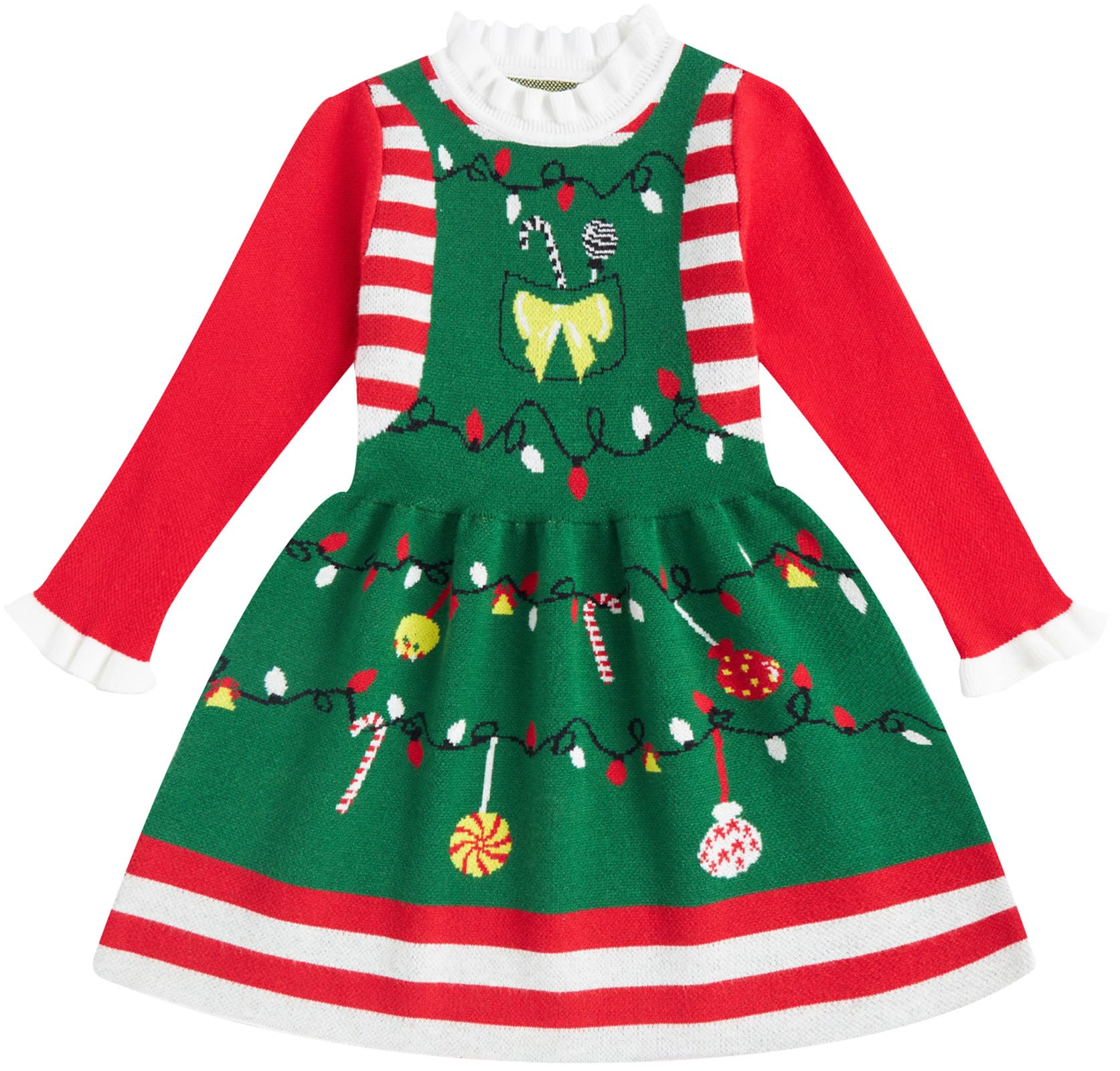 Lanbubble Girls Ugly Christmas Sweater Dress Long Sleeve Knit Ruffle-Trim A-Line Holiday Outfit for Kids 2-9 Years