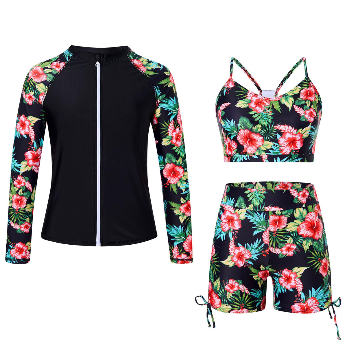 Lanbubble Girls Swimsuit 3-Piece Zip Long Sleeve Rash Guard Bathing Suits Bikini Boyshort Set Summer Swimwear 7-14Y