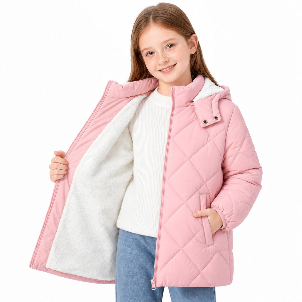 Lanbubble Girls Fleece Lined Hooded Puffer Jacket Winter Coat, Warm Outerwear with Pockets, Sizes 5-12 Years