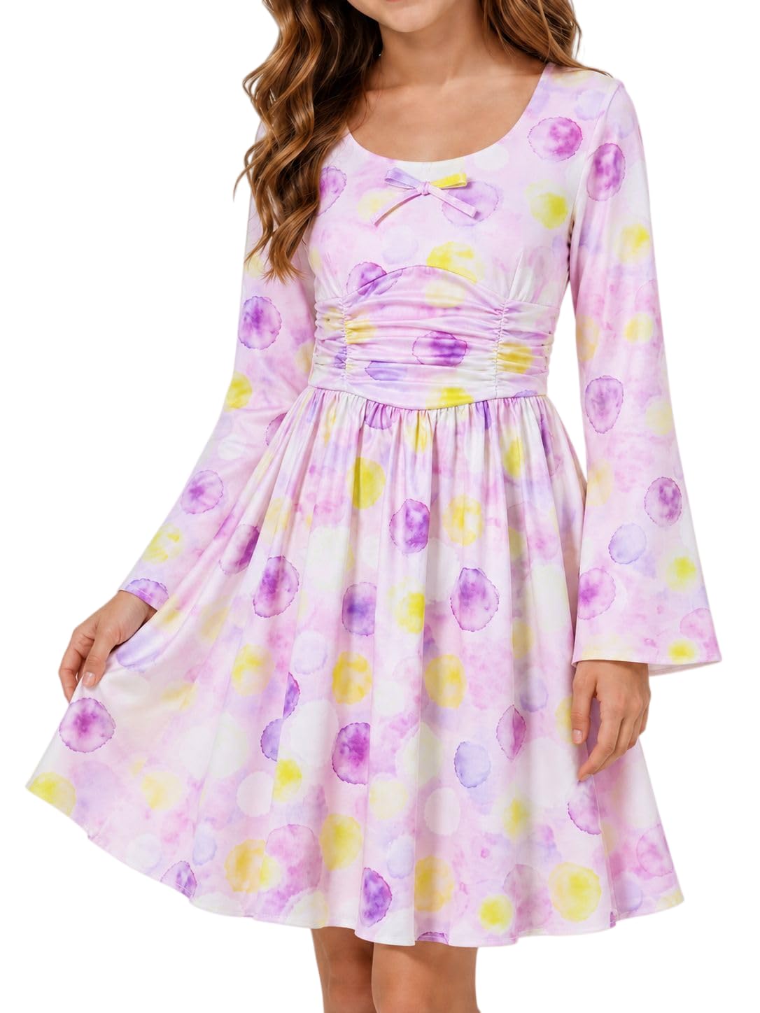 Lanbubble Girls Long Sleeve Dress Square Neck Bell Sleeve A-Line 7-14Y