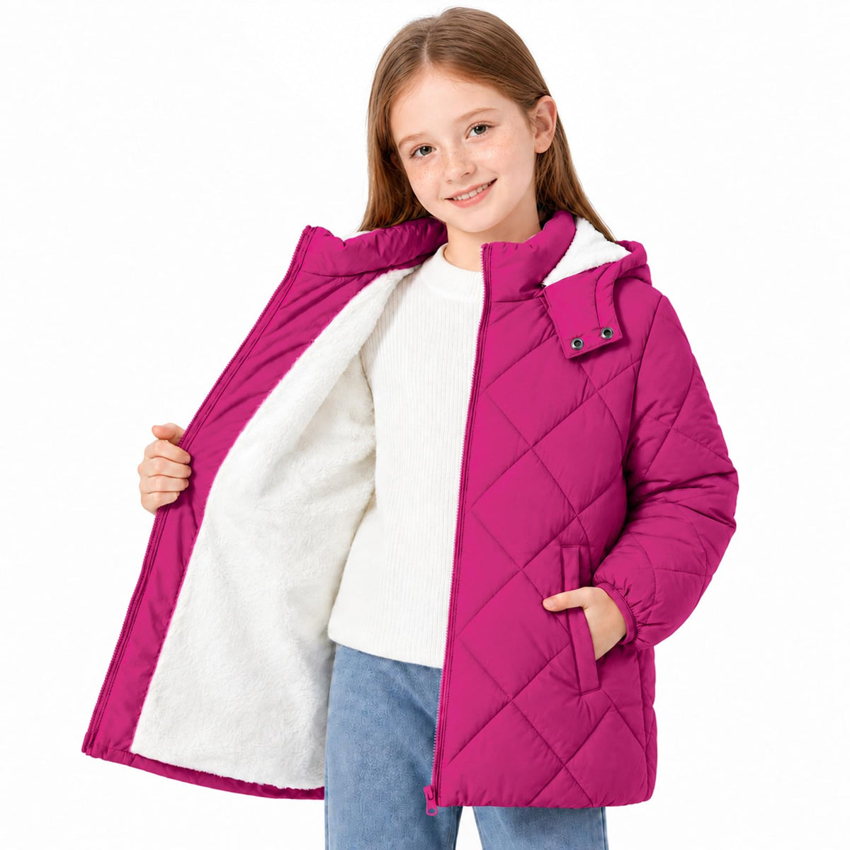 Lanbubble Girls Fleece Lined Hooded Puffer Jacket Winter Coat, Warm Outerwear with Pockets, Sizes 5-12 Years