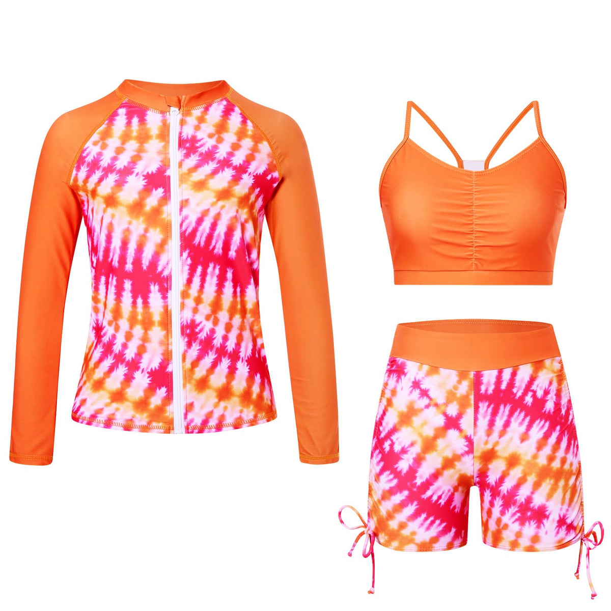 Lanbubble Girls Swimsuit 3-Piece Zip Long Sleeve Rash Guard Bathing Suits Bikini Boyshort Set Summer Swimwear 7-14Y