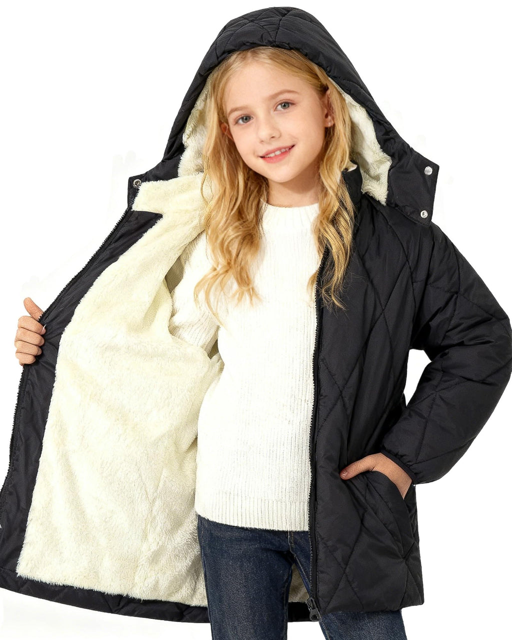 Lanbubble Girls Fleece Lined Hooded Puffer Jacket Winter Coat, Warm Outerwear with Pockets, Sizes 5-12 Years