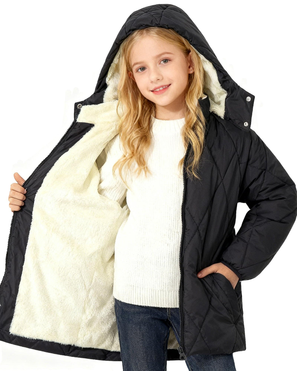 Lanbubble Girls Fleece Lined Hooded Puffer Jacket Winter Coat, Warm Outerwear with Pockets, Sizes 5-12 Years