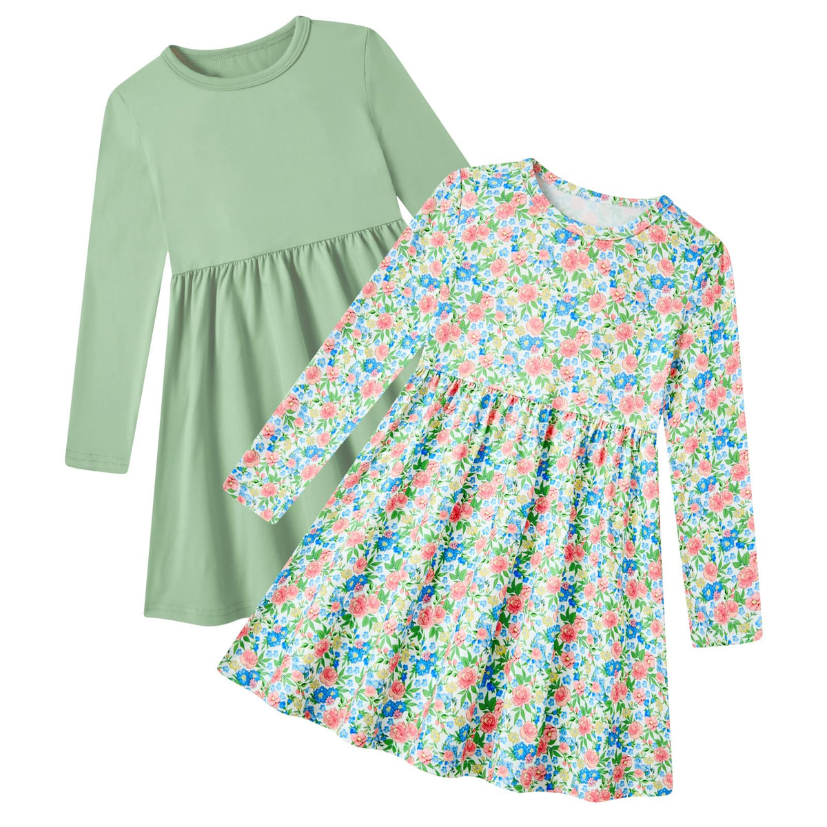 Lanbubble Toddler Girls Long Sleeve Dresses 2 Pack A-Line Casual Play Dresses 2-7Y