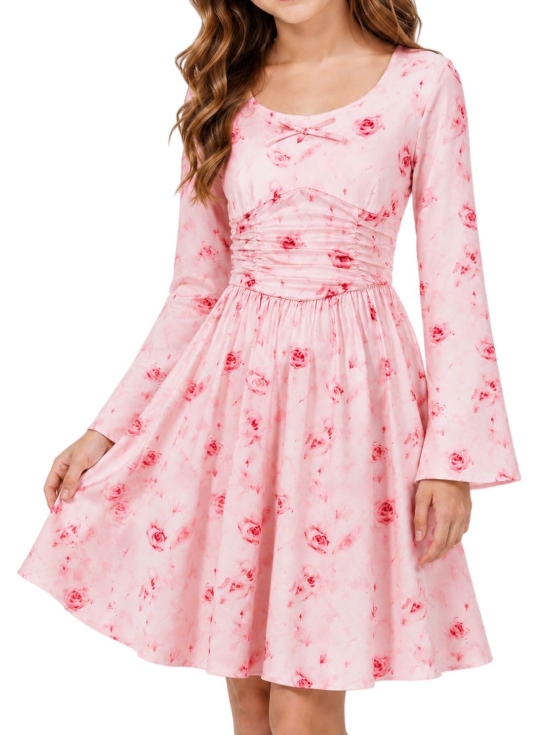 Lanbubble Girls Long Sleeve Dress Square Neck Bell Sleeve A-Line 7-14Y