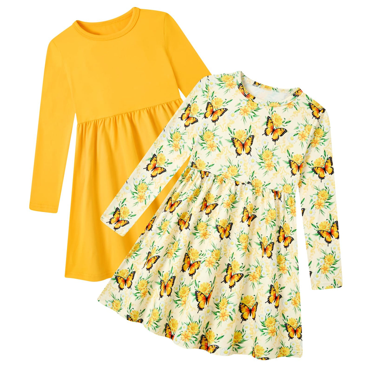 Lanbubble Toddler Girls Long Sleeve Dresses 2 Pack A-Line Casual Play Dresses 2-7Y