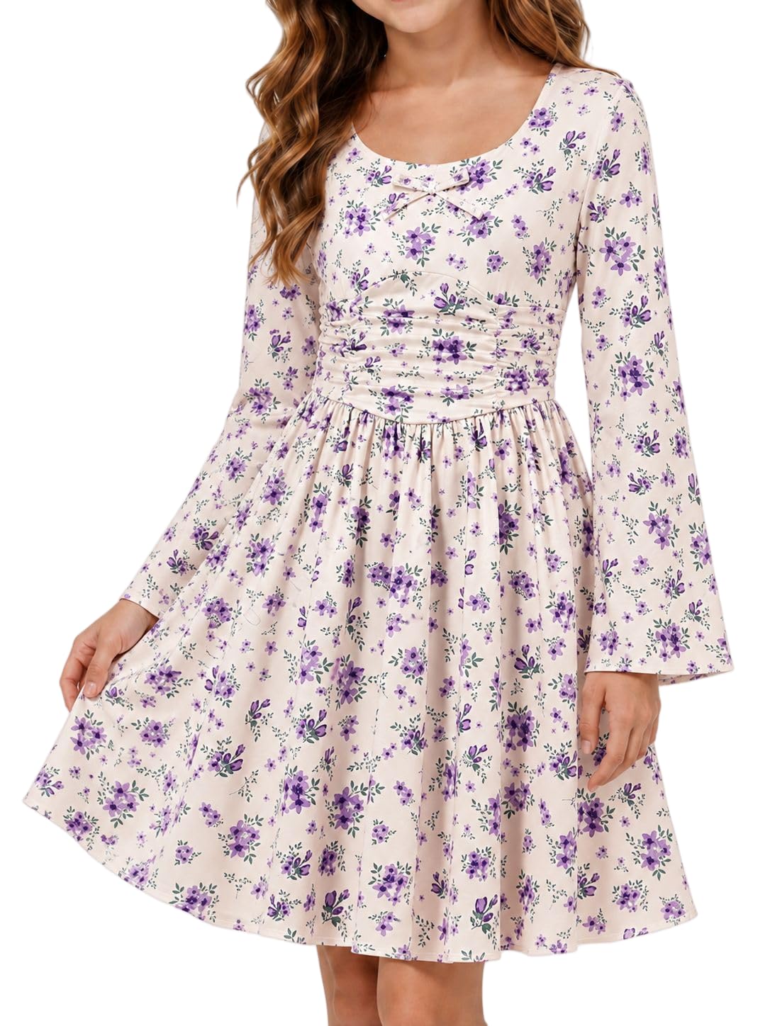 Lanbubble Girls Long Sleeve Dress Square Neck Bell Sleeve A-Line 7-14Y