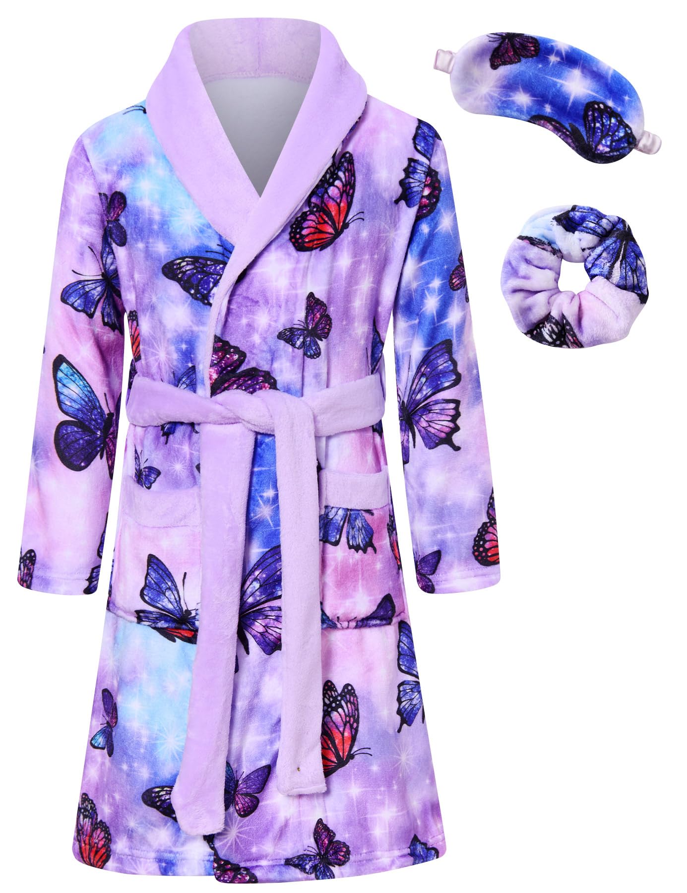 Lanbubble Girls Robe with Sleep Mask & Scrunchie Set, Soft Bathrobe Sleepwear for Kids 6-13 Years