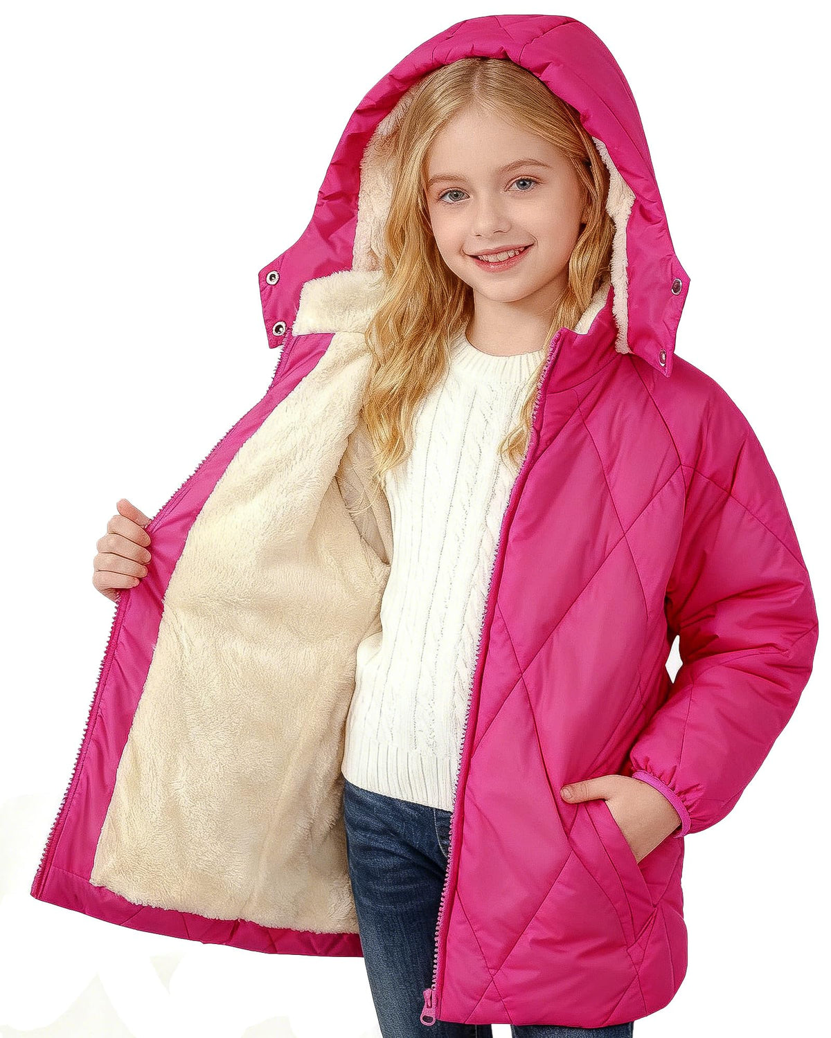 Lanbubble Girls Fleece Lined Hooded Puffer Jacket Winter Coat, Warm Outerwear with Pockets, Sizes 5-12 Years