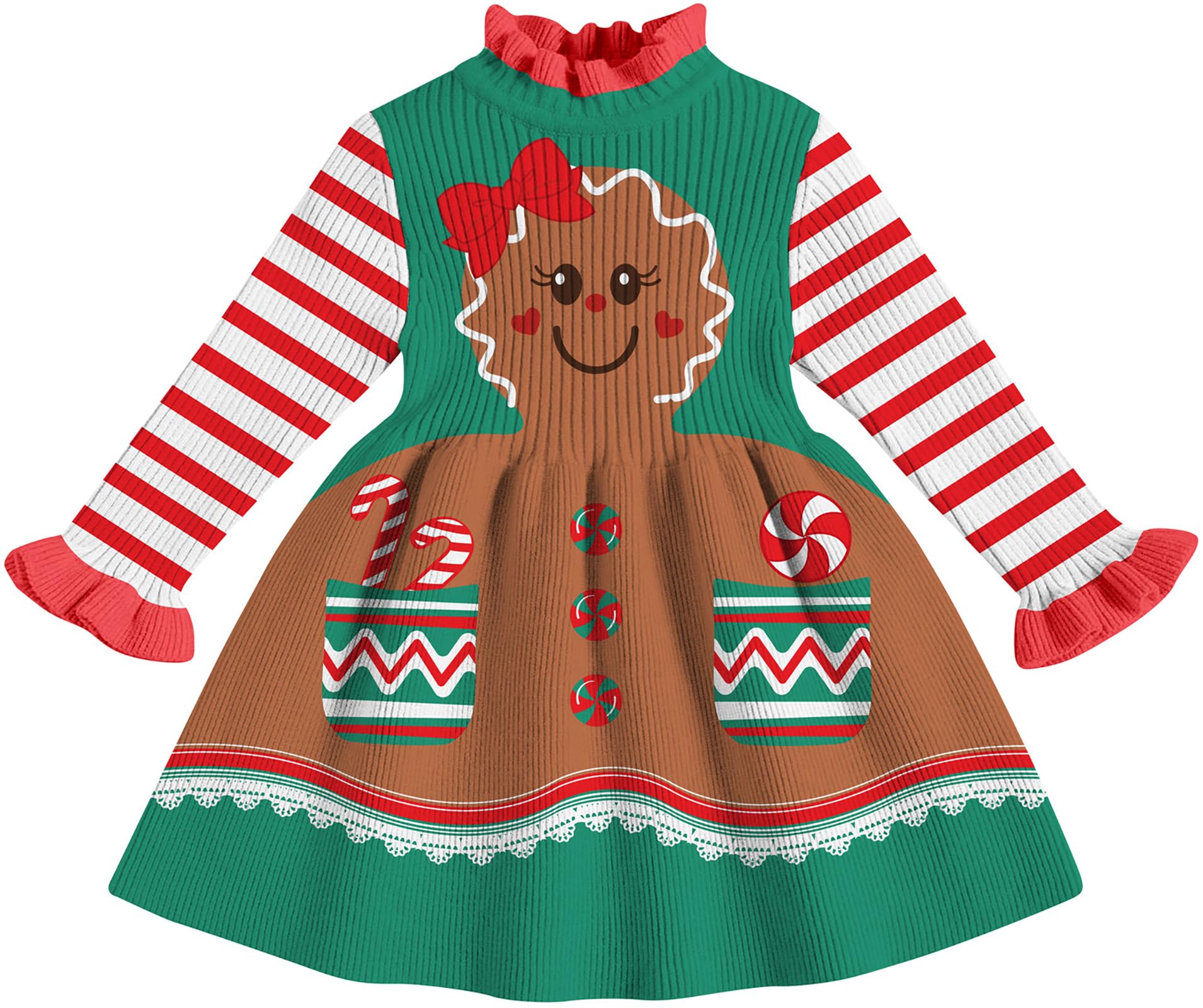 Lanbubble Girls Ugly Christmas Sweater Dress Long Sleeve Knit Ruffle-Trim A-Line Holiday Outfit for Kids 2-9 Years