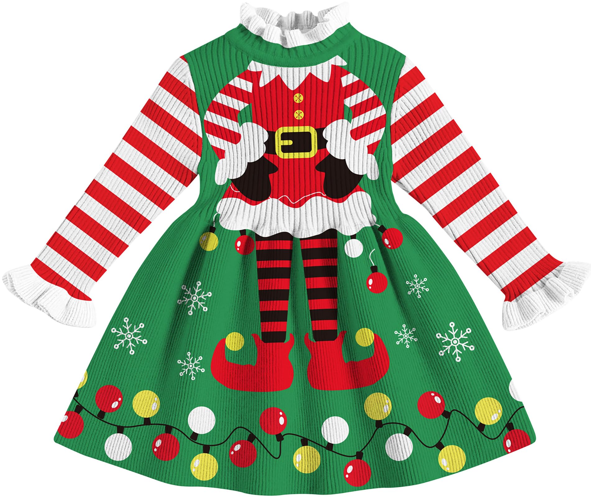 Lanbubble Girls Ugly Christmas Sweater Dress Long Sleeve Knit Ruffle-Trim A-Line Holiday Outfit for Kids 2-9 Years
