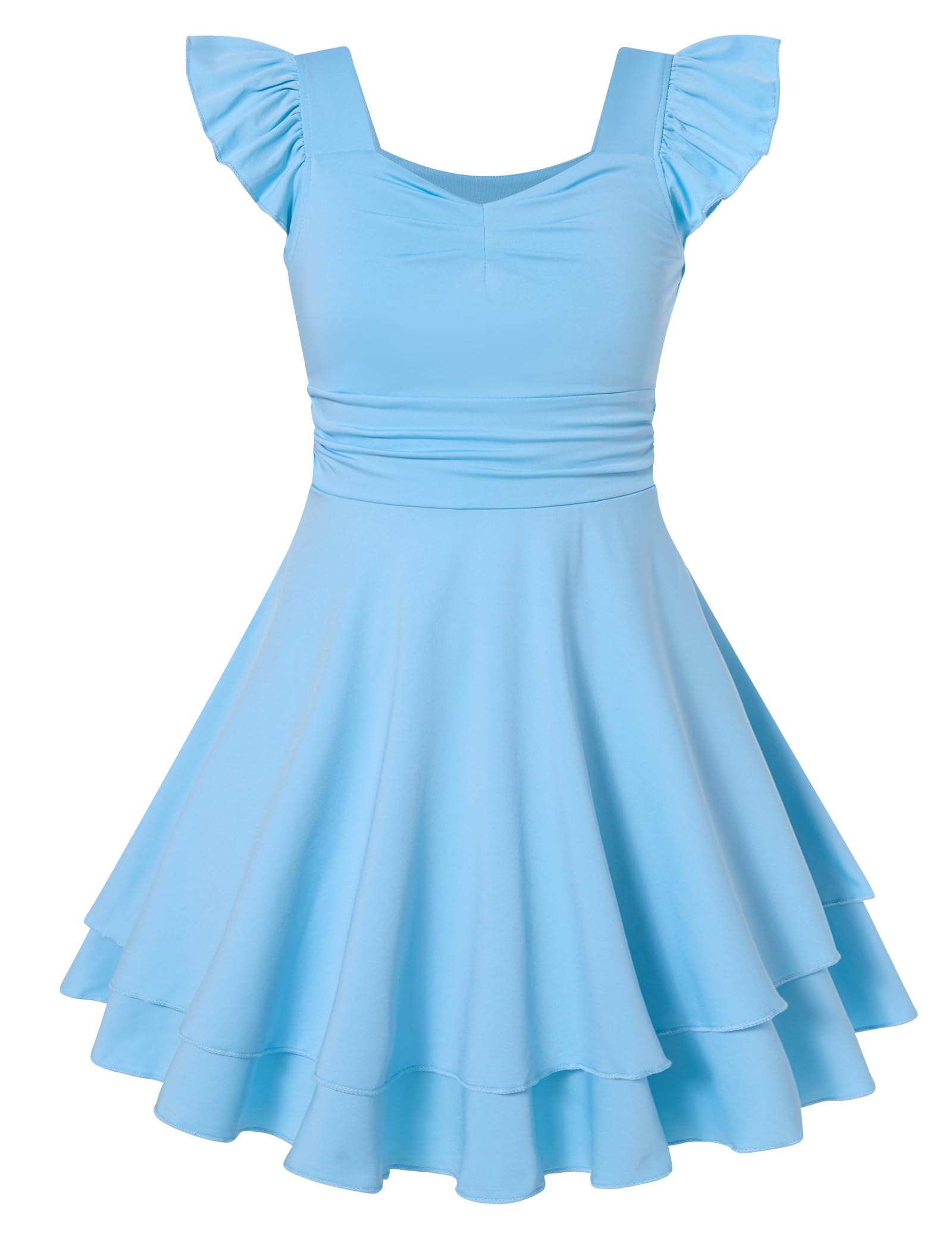 Lanbubble Girls Ruched Dresses Ruffle Sleeve Teens Tiered Swing A-line Teen Dress 8-16 Years