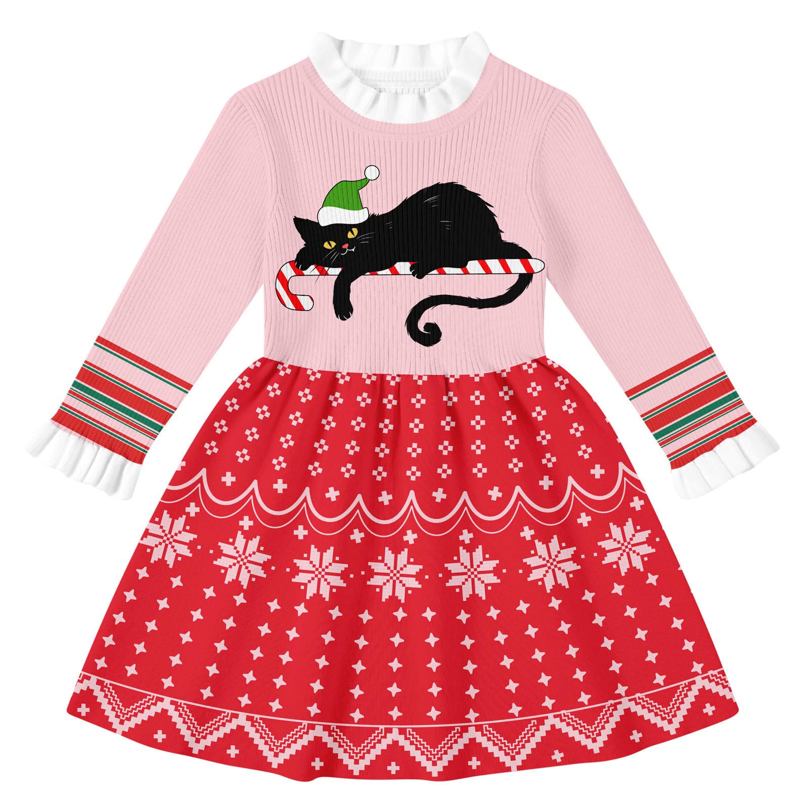 Lanbubble Girls Ugly Christmas Sweater Dress Long Sleeve Knit Ruffle-Trim A-Line Holiday Outfit for Kids 2-9 Years