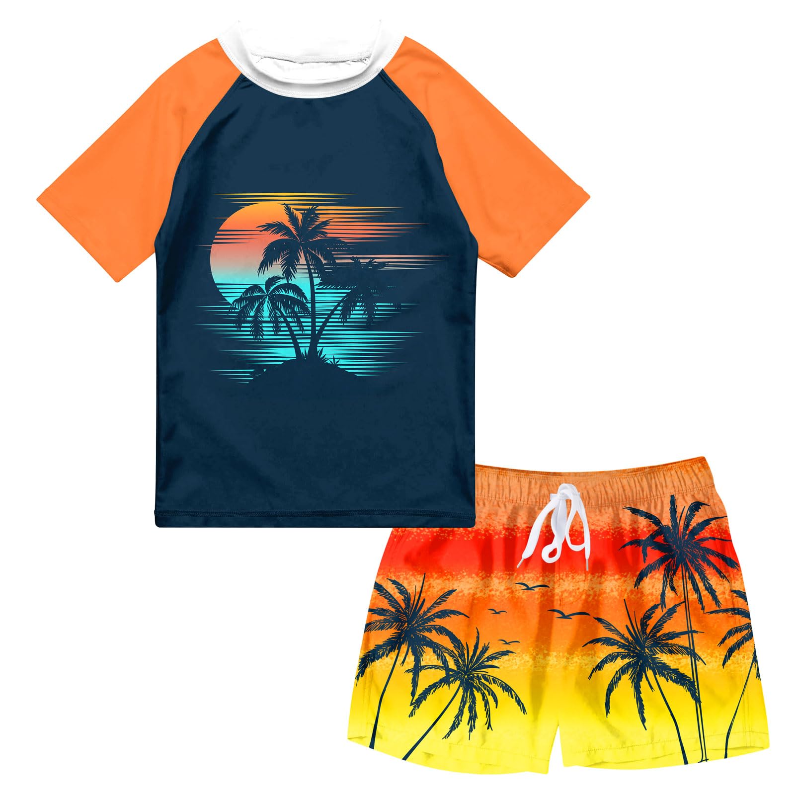Lanbubble Toddler Boys Swimsuits Set Rash Guard Two Piece Short Sleeve Bathing Suit with Trunks 4-10 Years
