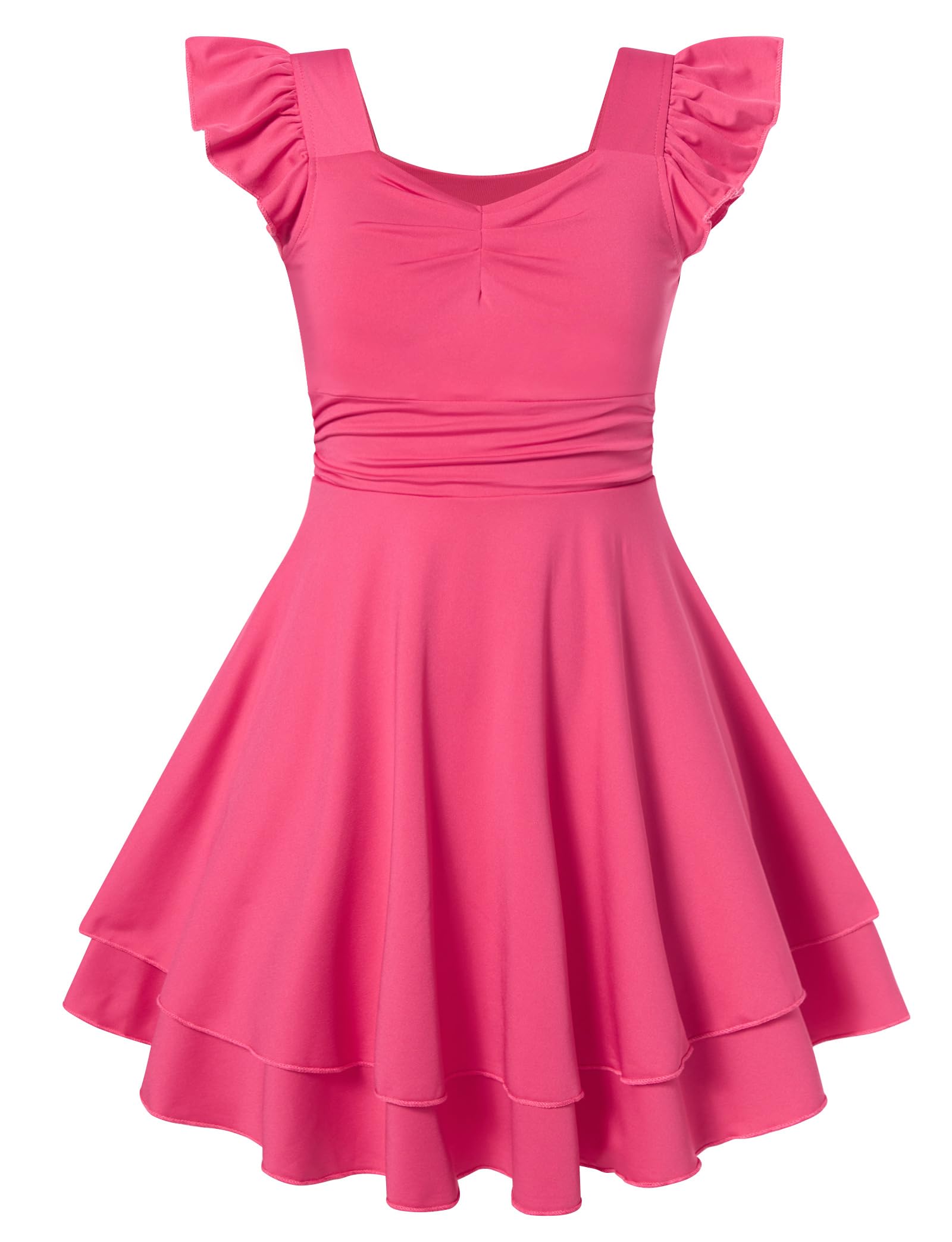 Lanbubble Girls Ruched Dresses Ruffle Sleeve Teens Tiered Swing A-line Teen Dress 8-16 Years