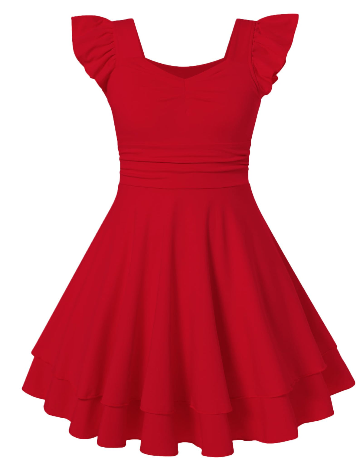 Lanbubble Girls Ruched Dresses Ruffle Sleeve Teens Tiered Swing A-line Teen Dress 8-16 Years
