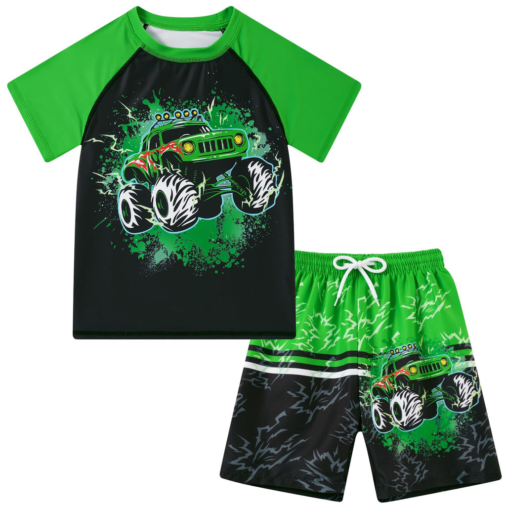 Lanbubble Toddler Boys Swimsuits Set Rash Guard Two Piece Short Sleeve Bathing Suit with Trunks 4-10 Years