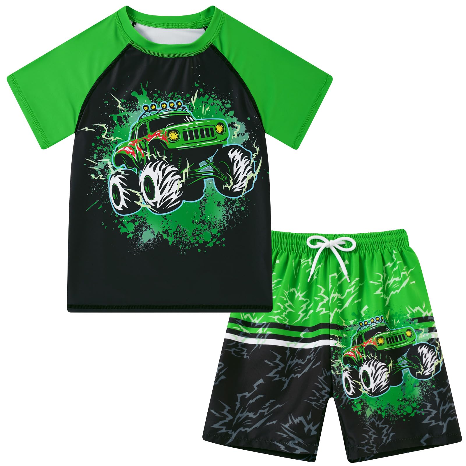Lanbubble Toddler Boys Swimsuits Set Rash Guard Two Piece Short Sleeve Bathing Suit with Trunks 4-10 Years