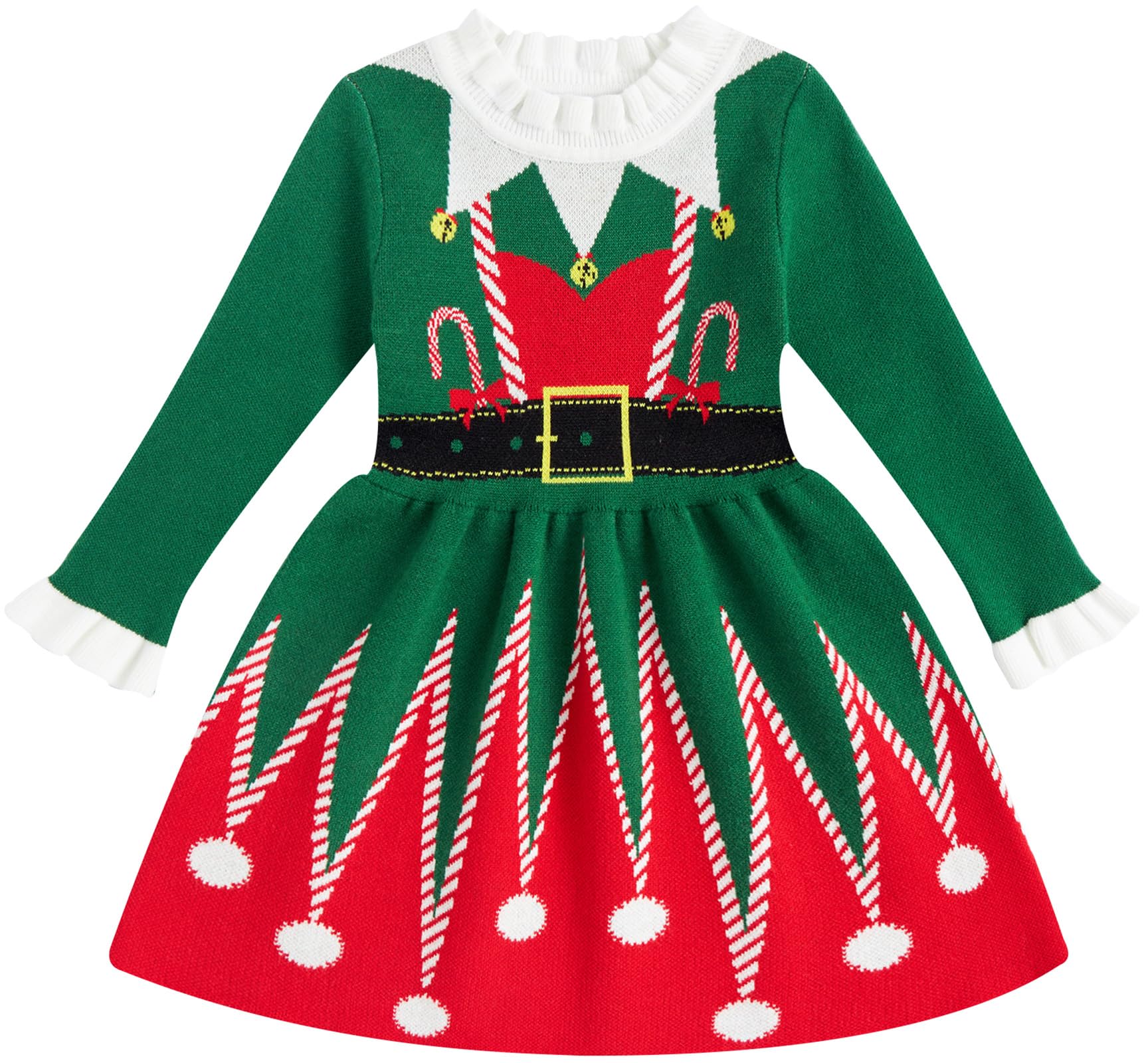 Lanbubble Girls Ugly Christmas Sweater Dress Long Sleeve Knit Ruffle-Trim A-Line Holiday Outfit for Kids 2-9 Years