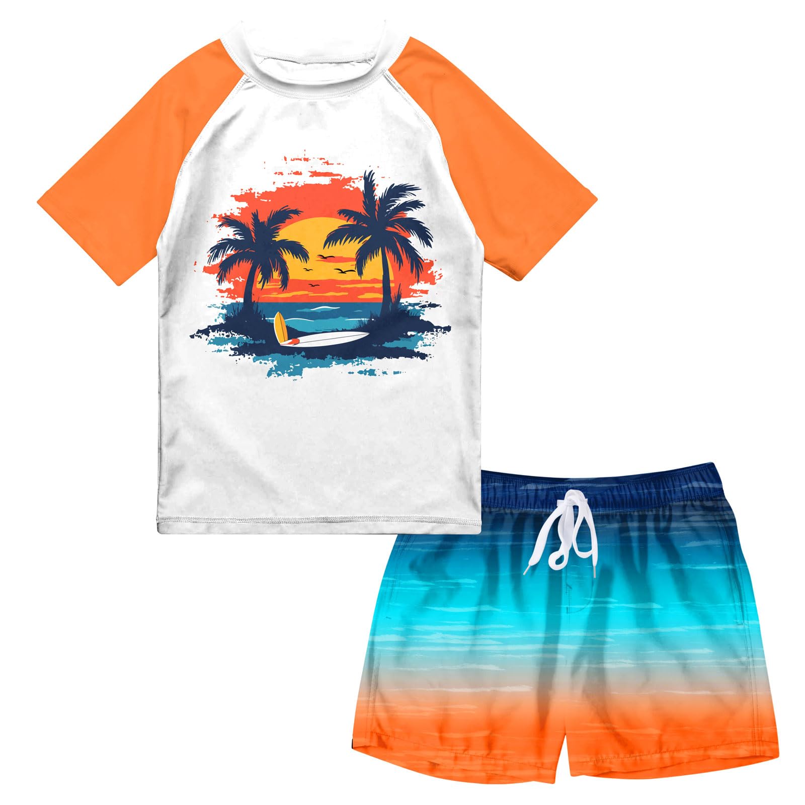 Lanbubble Toddler Boys Swimsuits Set Rash Guard Two Piece Short Sleeve Bathing Suit with Trunks 4-10 Years