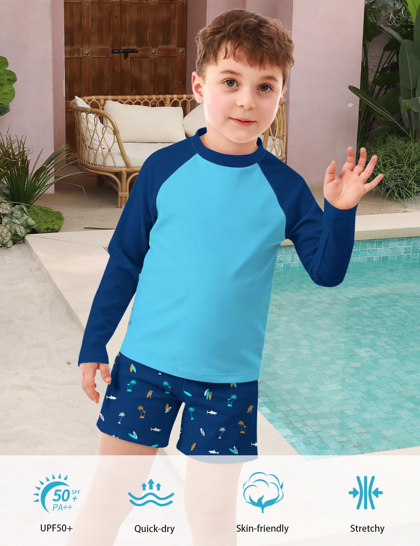 Lanbubble Boys Long Sleeve Rash Guard Swimsuit Kids 2-Pieces Bathing Suits Set