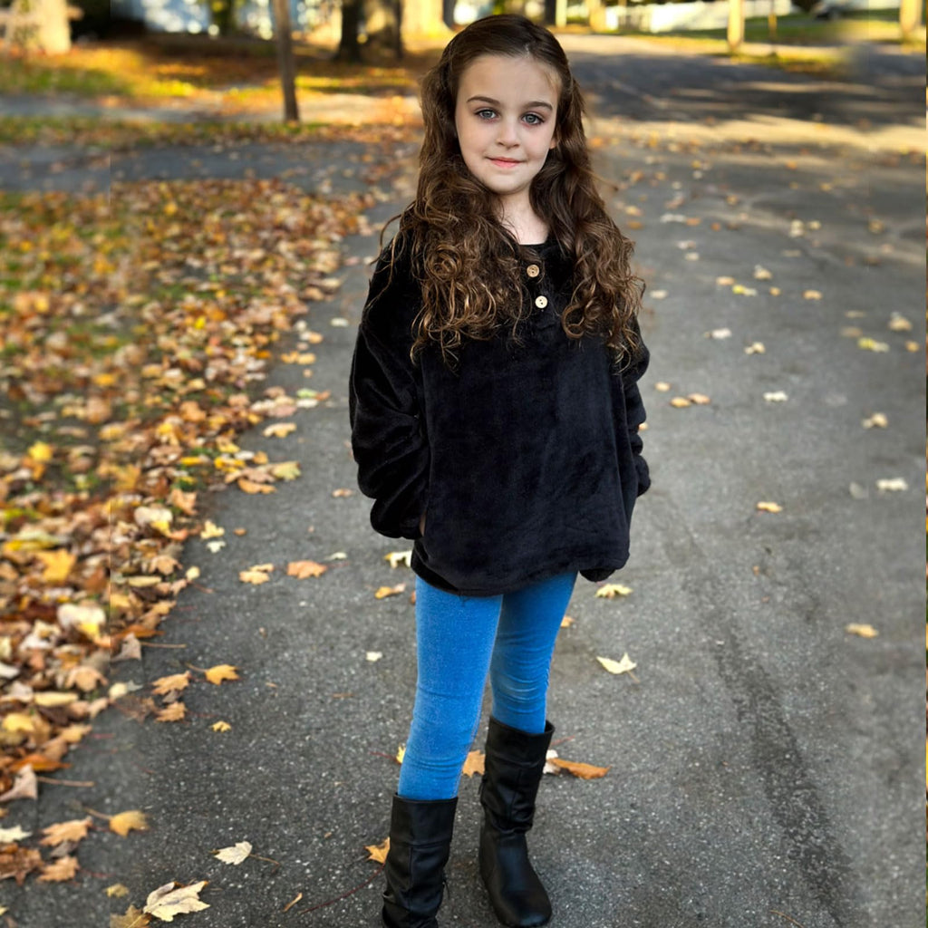 Lanbubble Girls Fuzzy Hoodie Fleece Sweaters Button Pullover Sherpa Jacket Tops for Kids 6-13Y