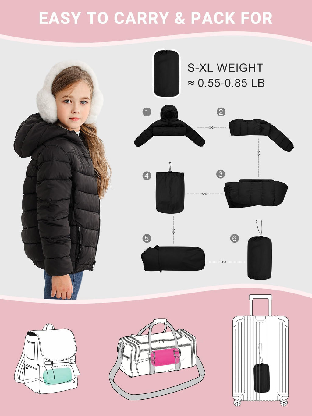 Lanbubble Girls Puffer Jacket Hooded Packable Winter Coat with Pockets Lightweight Warm Outerwear for Kids, Sizes 4-12 Years