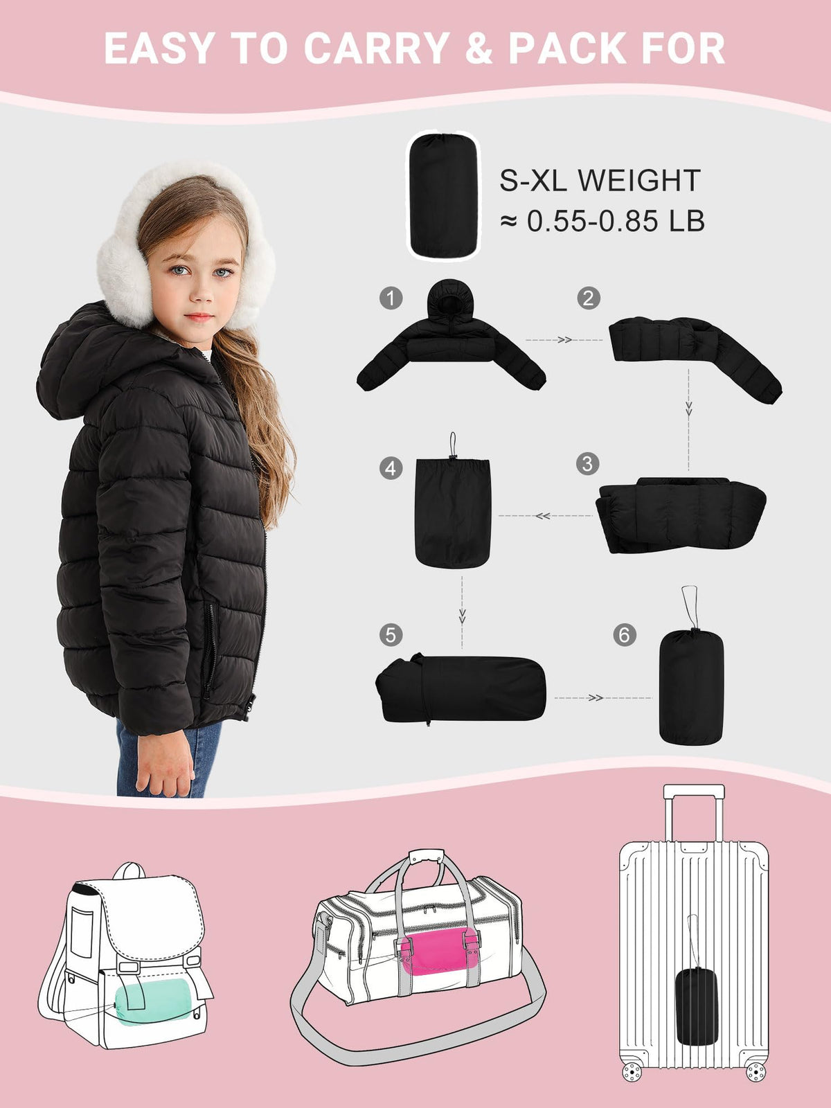Lanbubble Girls Puffer Jacket Hooded Packable Winter Coat with Pockets Lightweight Warm Outerwear for Kids, Sizes 4-12 Years