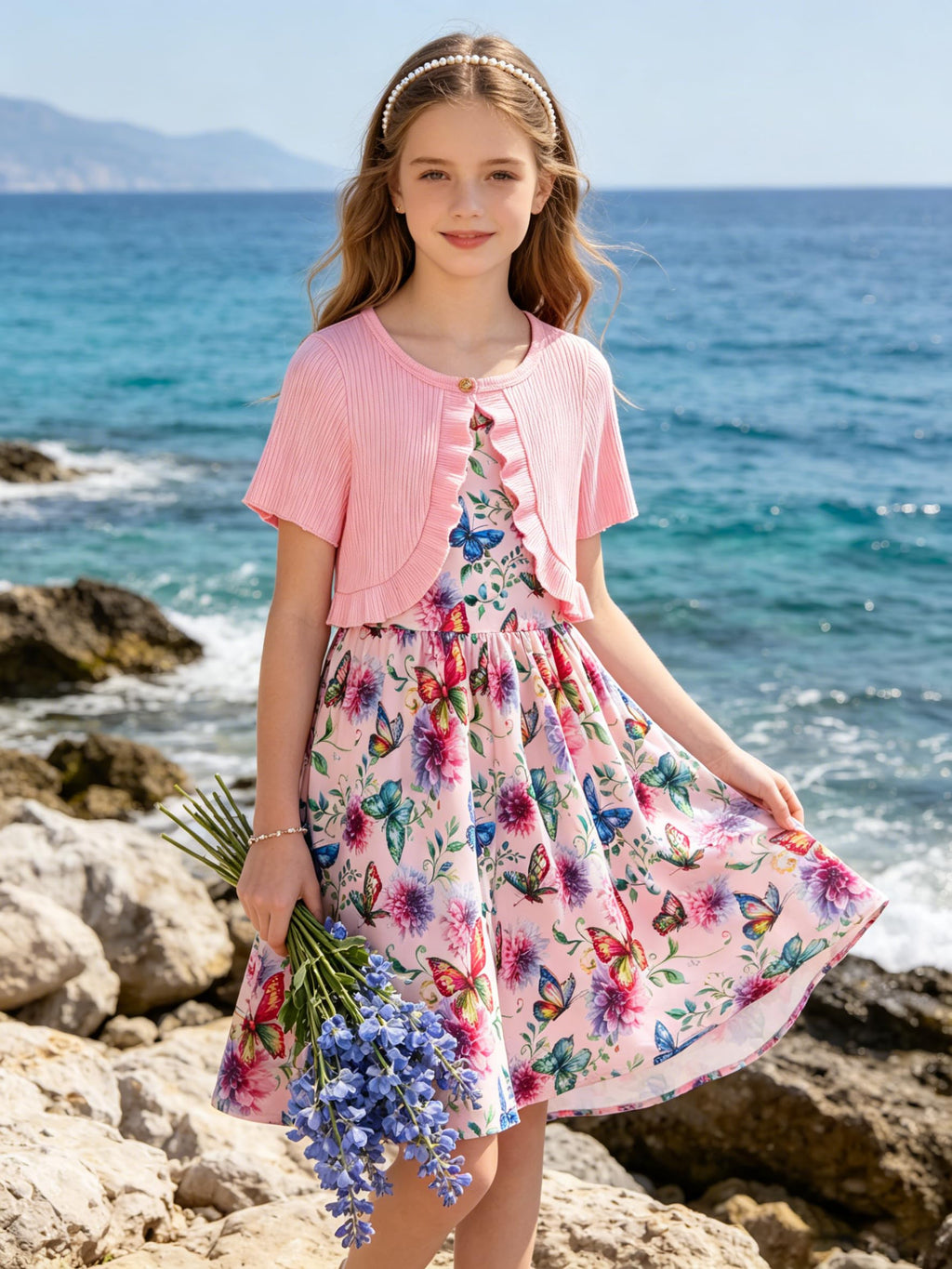 Lanbubble Girls Dresses Sleeveless Summer Dress with Cardigan for Kids Casual, 5-12 Years