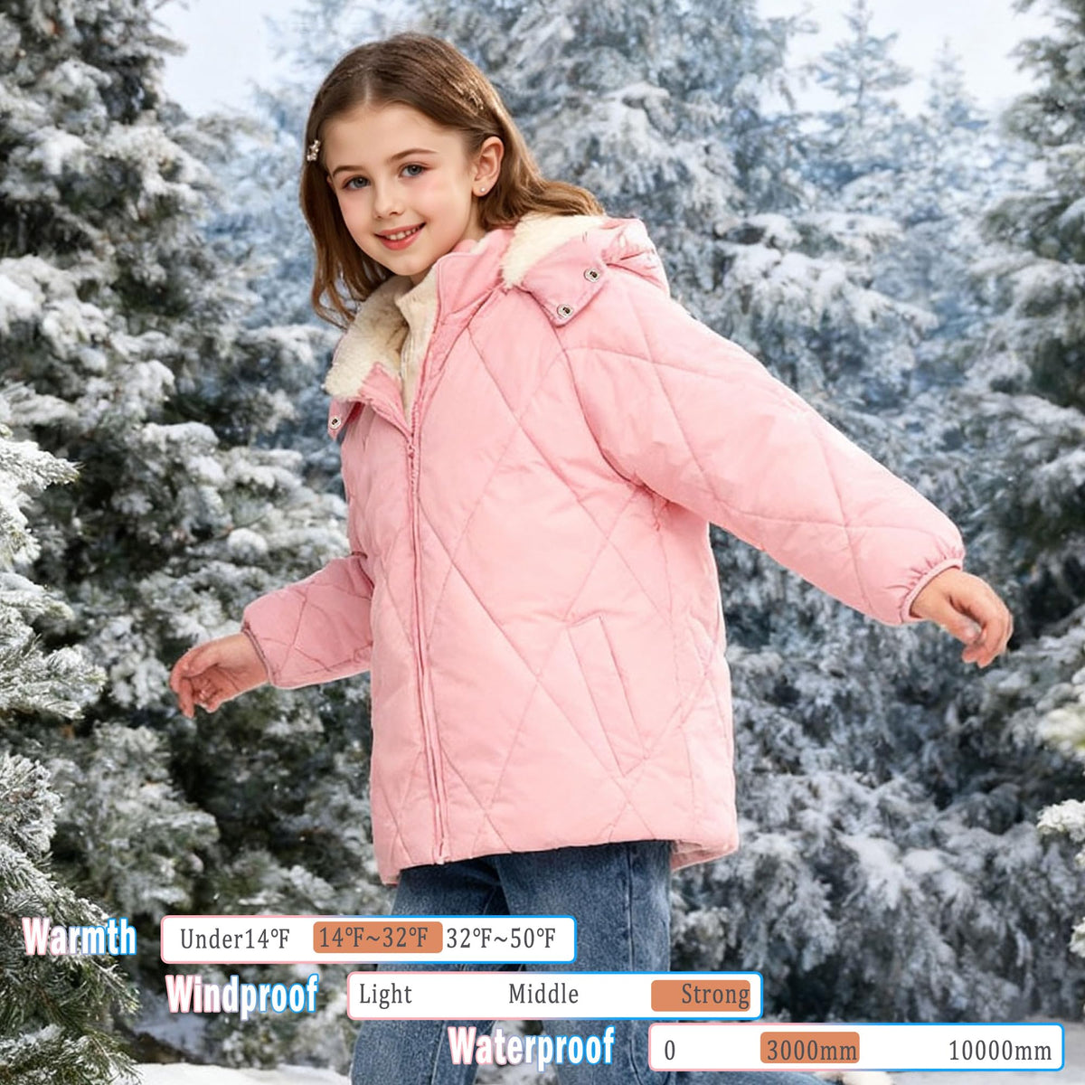 Lanbubble Girls Fleece Lined Hooded Puffer Jacket Winter Coat, Warm Outerwear with Pockets, Sizes 5-12 Years