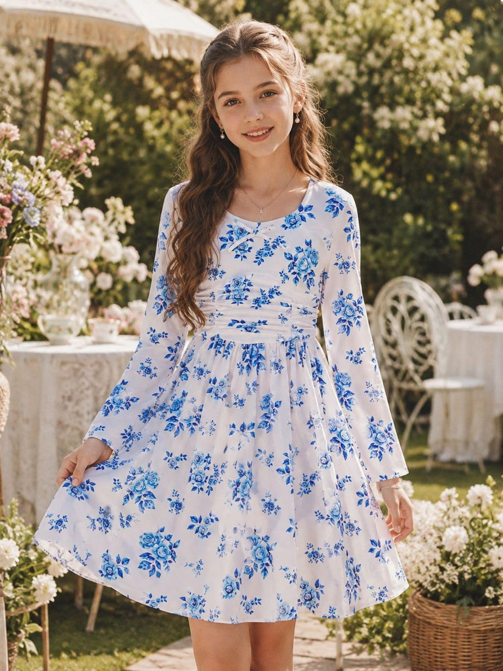 Lanbubble Girls Long Sleeve Dress Square Neck Bell Sleeve A-Line 7-14Y