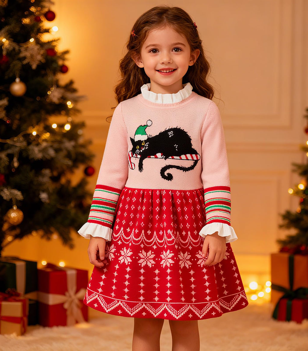 Lanbubble Girls Ugly Christmas Sweater Dress Long Sleeve Knit Ruffle-Trim A-Line Holiday Outfit for Kids 2-9 Years