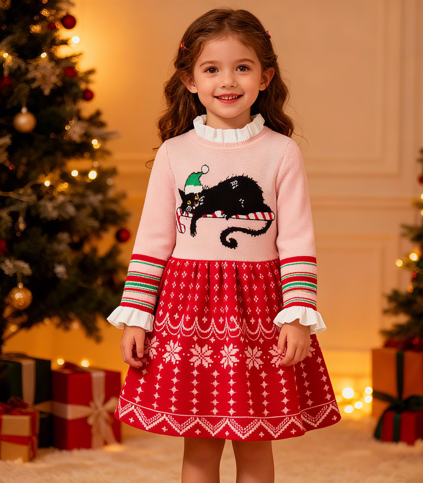 Lanbubble Girls Ugly Christmas Sweater Dress Long Sleeve Knit Ruffle-Trim A-Line Holiday Outfit for Kids 2-9 Years