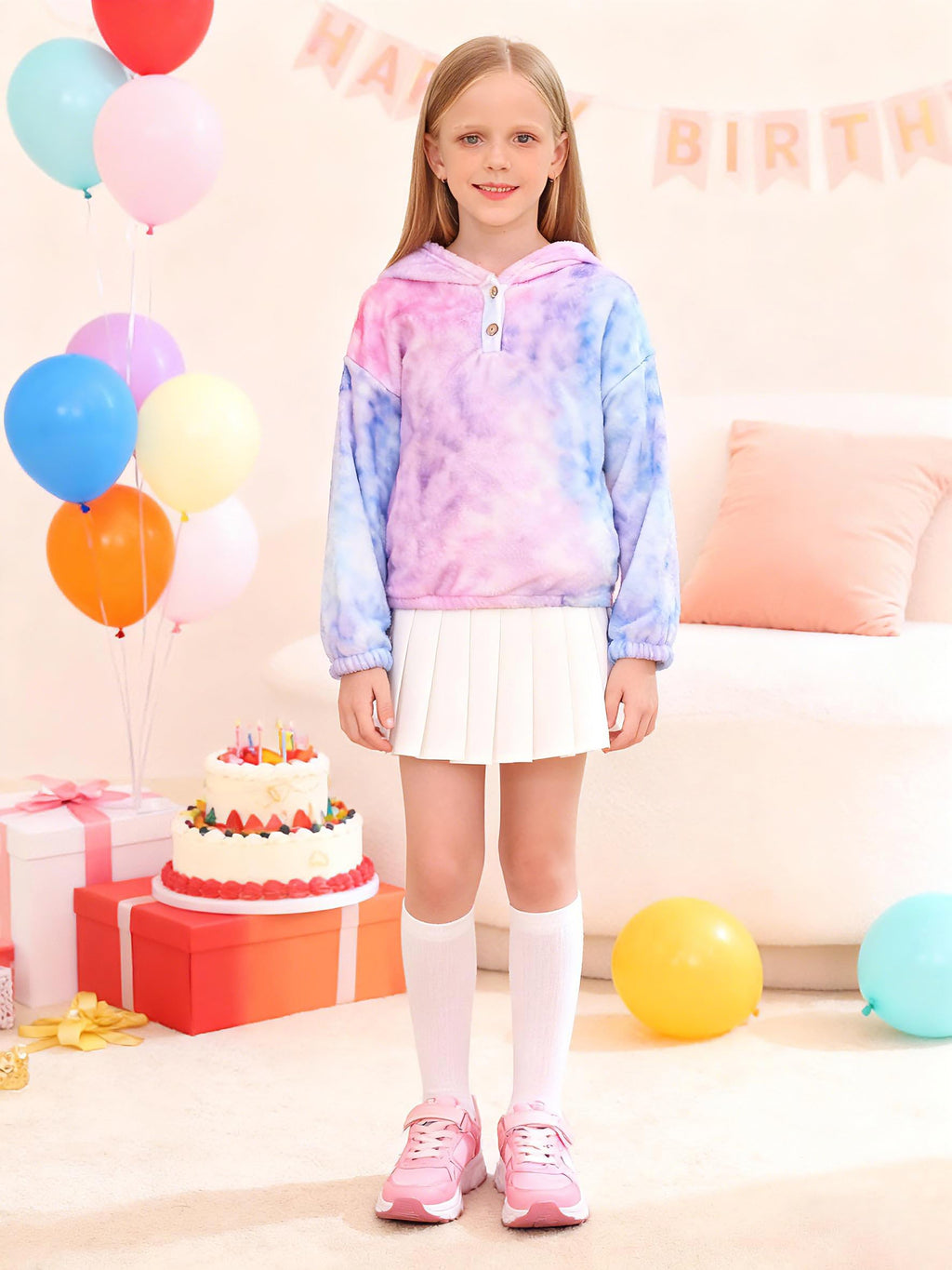 Lanbubble Girls Fuzzy Hoodie Fleece Sweaters Button Pullover Sherpa Jacket Tops for Kids 6-13Y