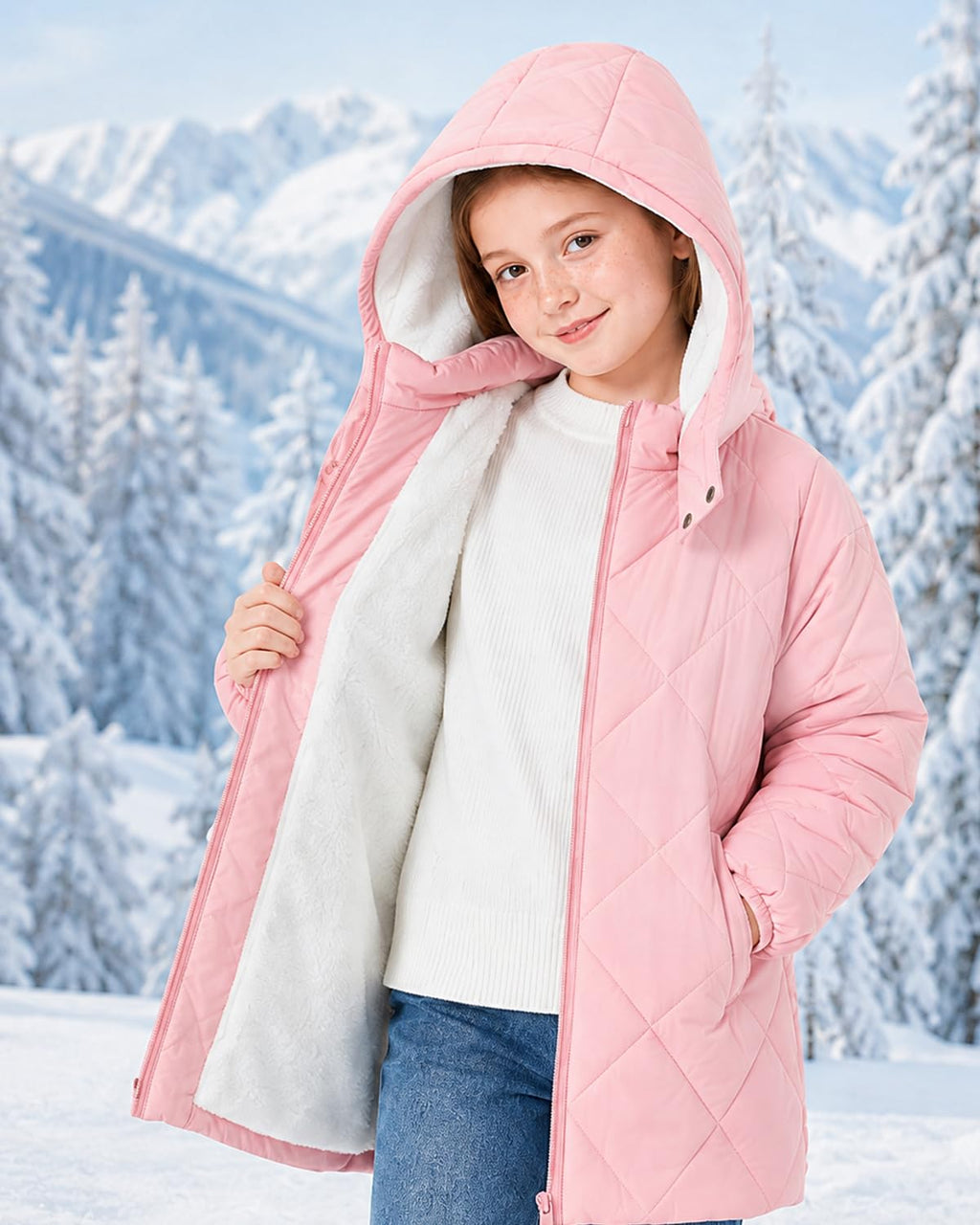 Lanbubble Girls Fleece Lined Hooded Puffer Jacket Winter Coat, Warm Outerwear with Pockets, Sizes 5-12 Years