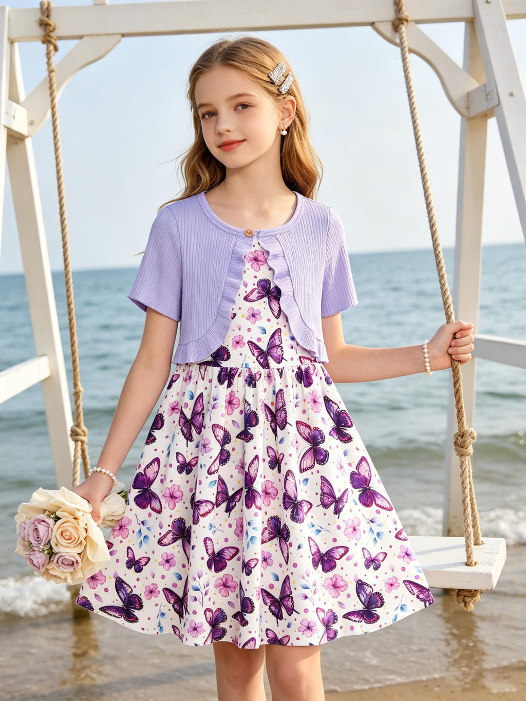 Lanbubble Girls Dresses Sleeveless Summer Dress with Cardigan for Kids Casual, 5-12 Years