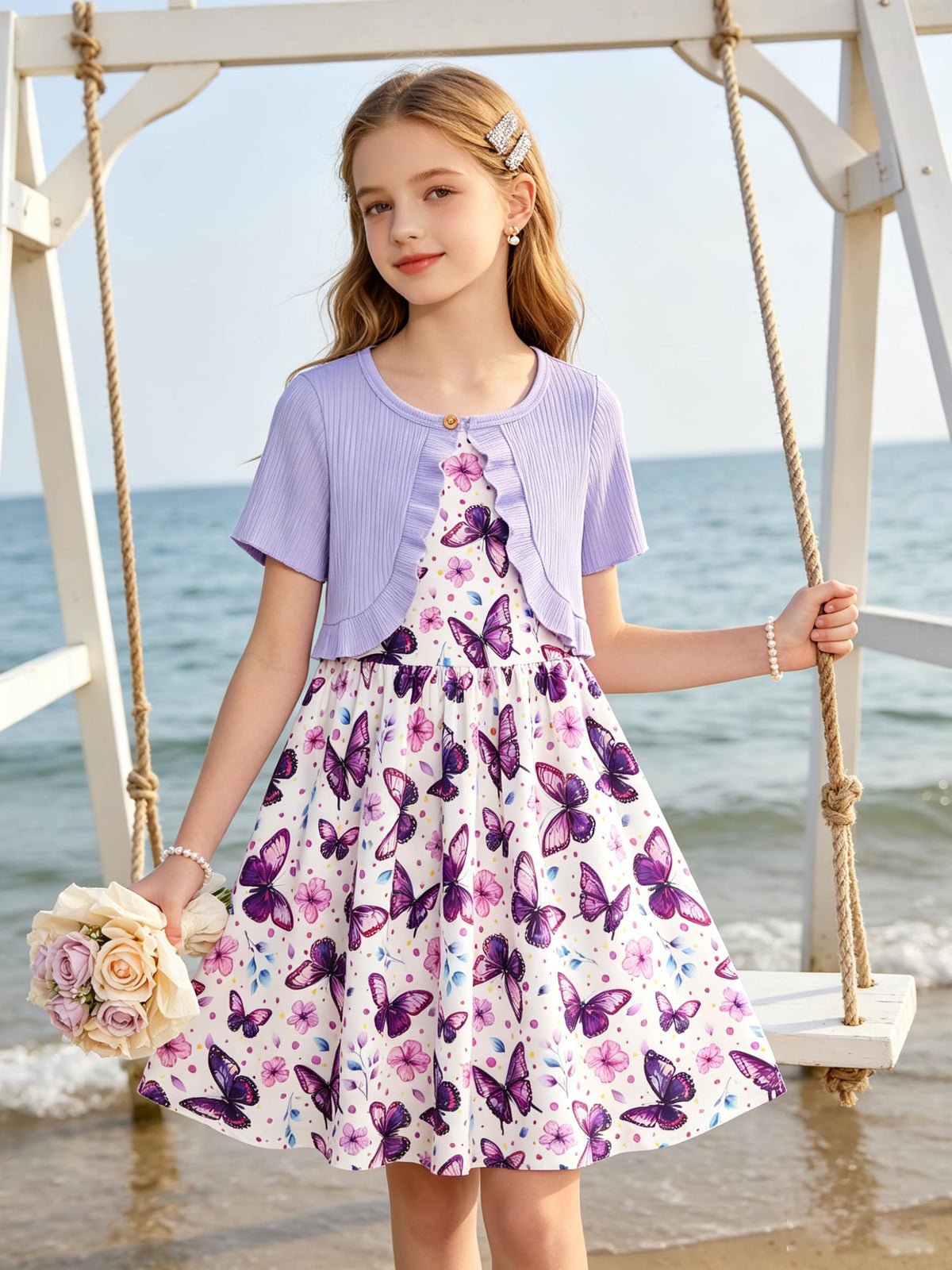 Lanbubble Girls Dresses Sleeveless Summer Dress with Cardigan for Kids Casual, 5-12 Years