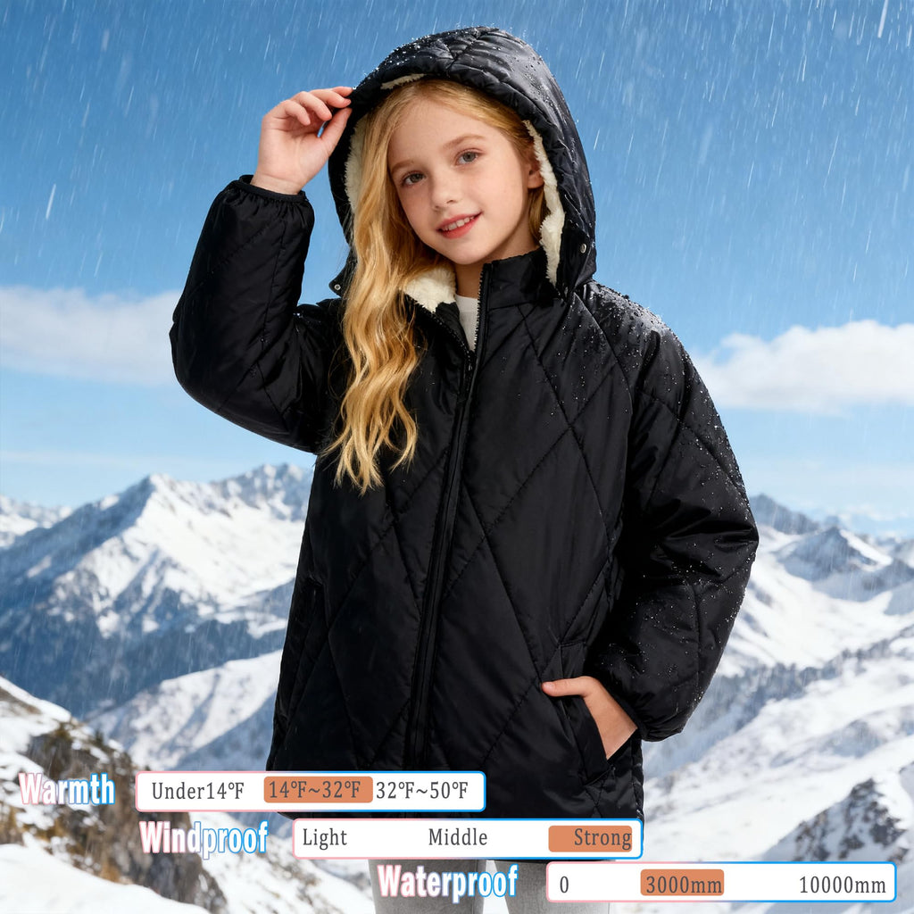 Lanbubble Girls Fleece Lined Hooded Puffer Jacket Winter Coat, Warm Outerwear with Pockets, Sizes 5-12 Years