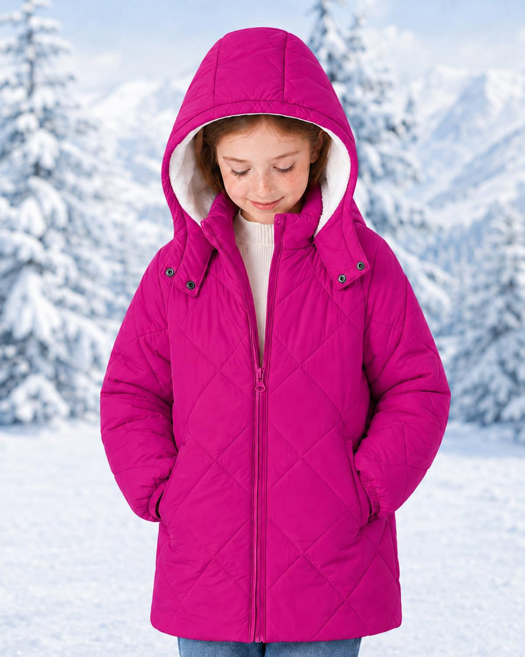 Lanbubble Girls Fleece Lined Hooded Puffer Jacket Winter Coat, Warm Outerwear with Pockets, Sizes 5-12 Years