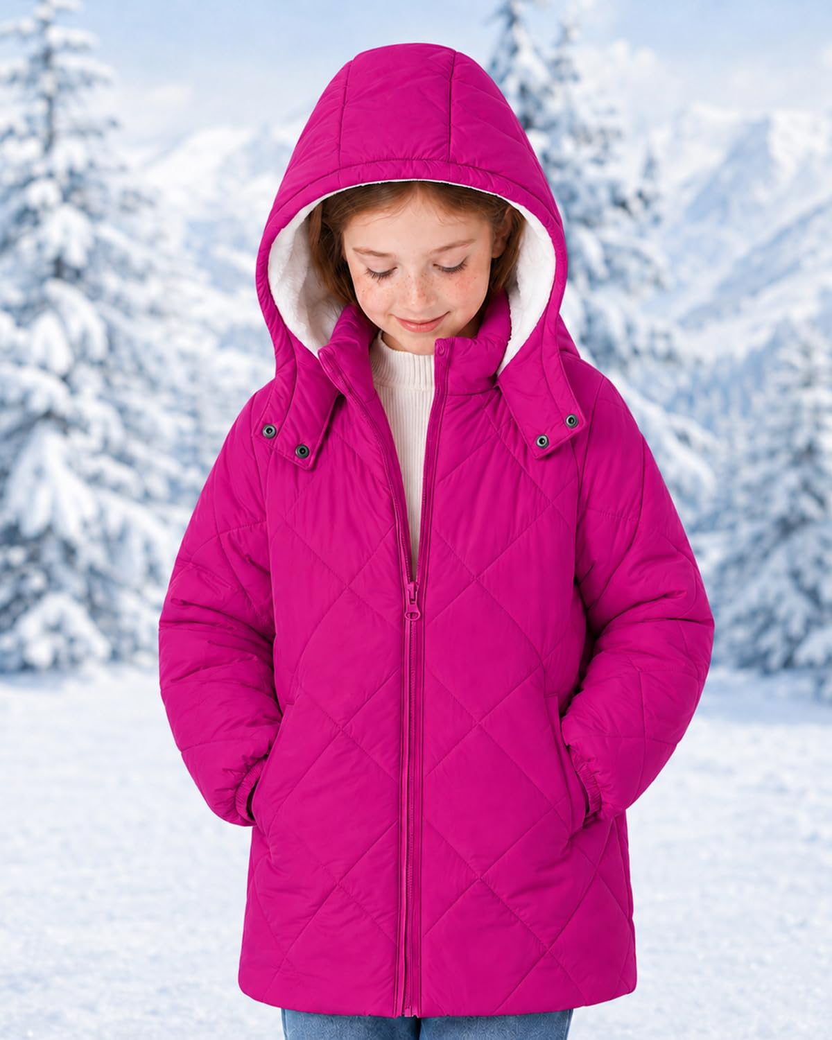 Lanbubble Girls Fleece Lined Hooded Puffer Jacket Winter Coat, Warm Outerwear with Pockets, Sizes 5-12 Years