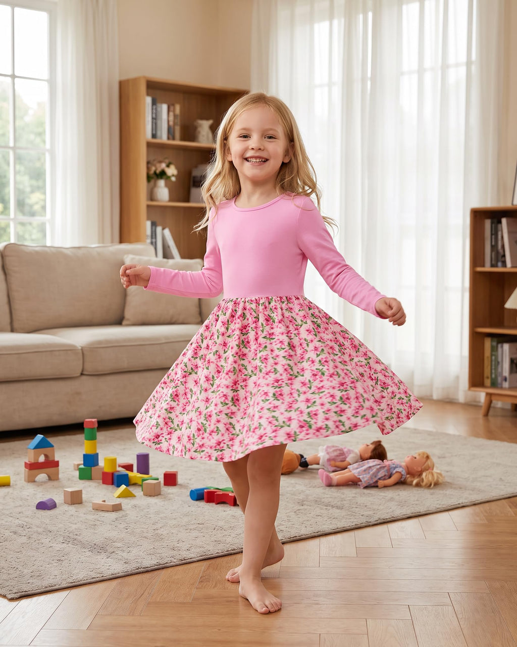 Lanbubble Toddler Girls Long Sleeve Dress A-Line Casual Play Dresses Size 2-7T