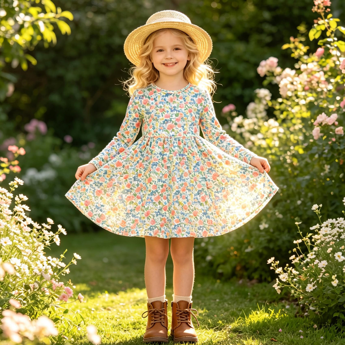 Lanbubble Toddler Girls Long Sleeve Dresses 2 Pack A-Line Casual Play Dresses 2-7Y