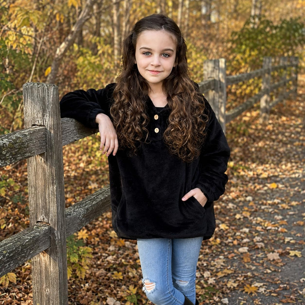 Lanbubble Girls Fuzzy Hoodie Fleece Sweaters Button Pullover Sherpa Jacket Tops for Kids 6-13Y