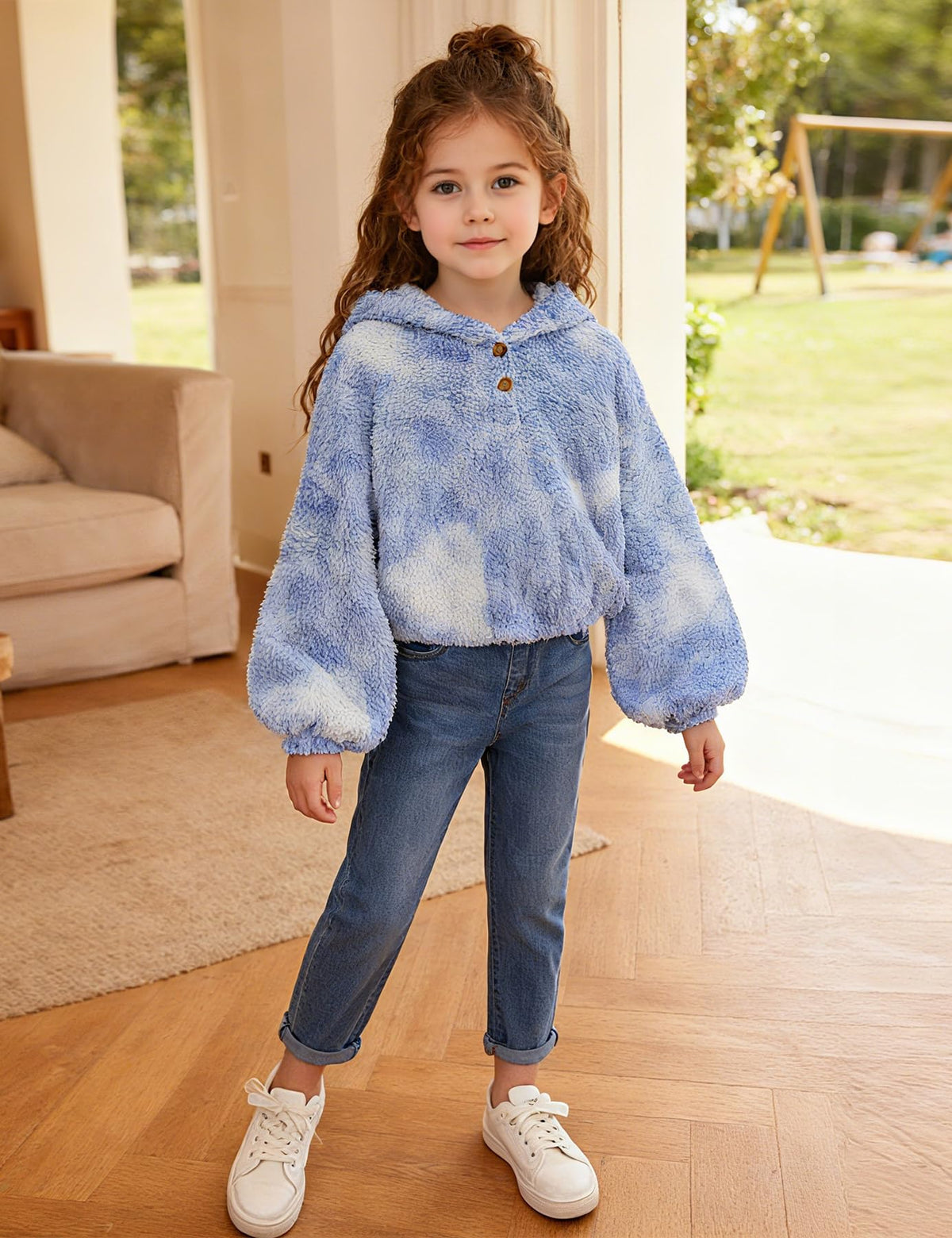 Lanbubble Girls Fuzzy Hoodie Fleece Sweaters Button Pullover Sherpa Jacket Tops for Kids 6-13Y