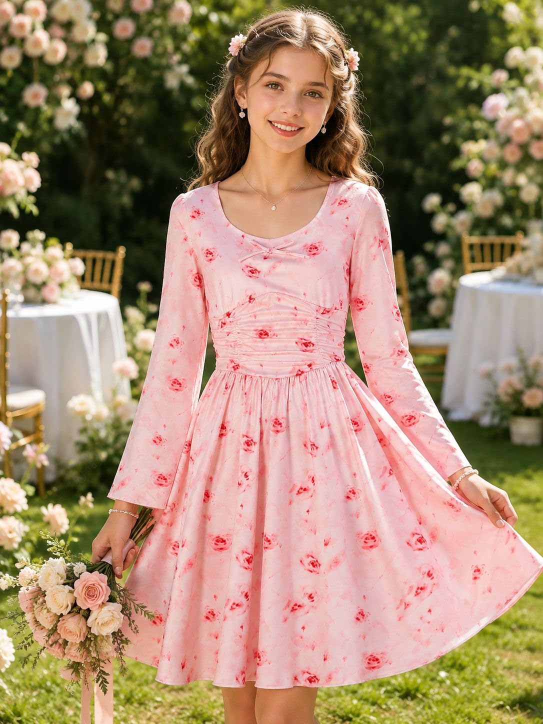 Lanbubble Girls Long Sleeve Dress Square Neck Bell Sleeve A-Line 7-14Y